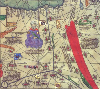 アフリカ北東部とレバント南西部の地図、南からの眺め。カタロニア語アトラス。 作： Abraham Cresques